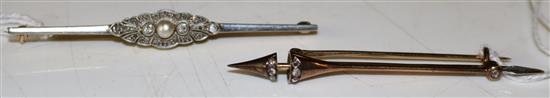 Yellow metal diamond-set arrow brooch and another pearl and diamond-set brooch